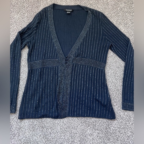 Ellen Tracy Navy Blue Beaded Embellish Full Sleeve Silk/Cashmere Top Size Large - Picture 8 of 13